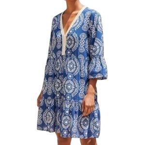 SAIPH Blue & White Boho Printed V-Neck Beach Cotton Tunic Dress Italy NWOT